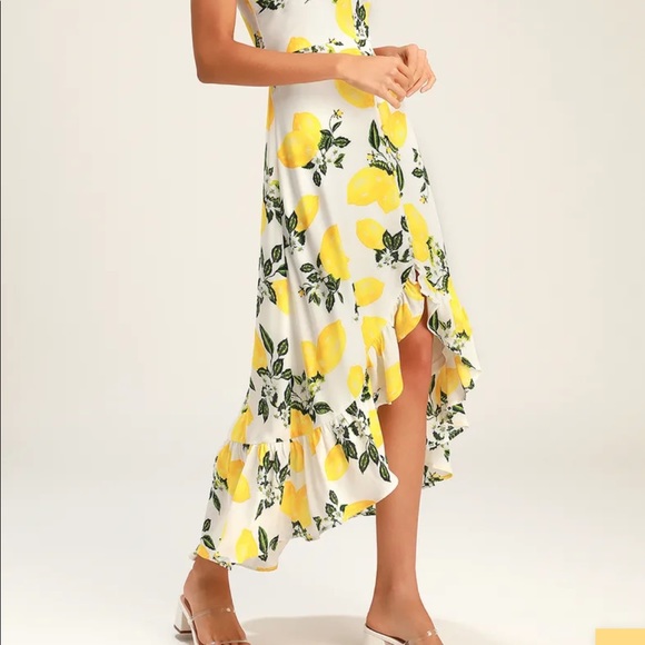 Lulus Afternoon Air Yellow Lemon Print High Low MIDI  Dress - Picture 6 of 12